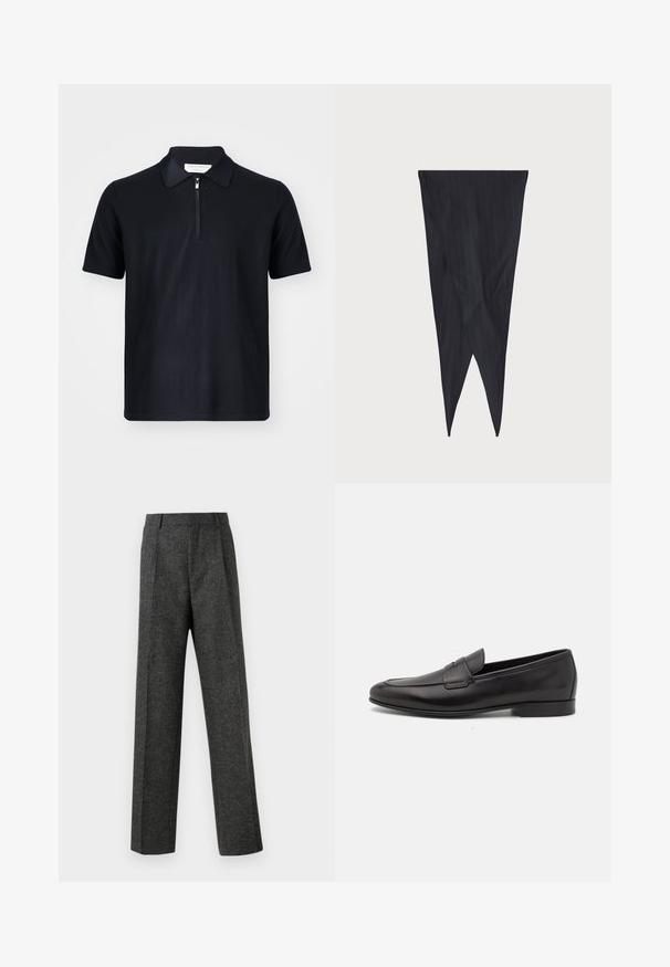 Polo de manga curta azul-marinho feito de tecido suave, com colarinho com fecho zip e linhas limpas. Sem logótipos ou padrões visíveis.; Calças cinzentas ajustadas, feitas de um tecido texturizado, com duas pregas frontais e um design de perna reta. Sem bolsos visíveis ou enfeites.; Sapatilha masculina em couro preto, com salto baixo e um design clássico com tira de moeda, apresentada em perfil lateral sobre um fundo branco.; Tecido em risca de giz azul-marinho, design afinado, forma alongada com extremidades pontiagudas, textura suave com riscas verticais, sem hardware visível.