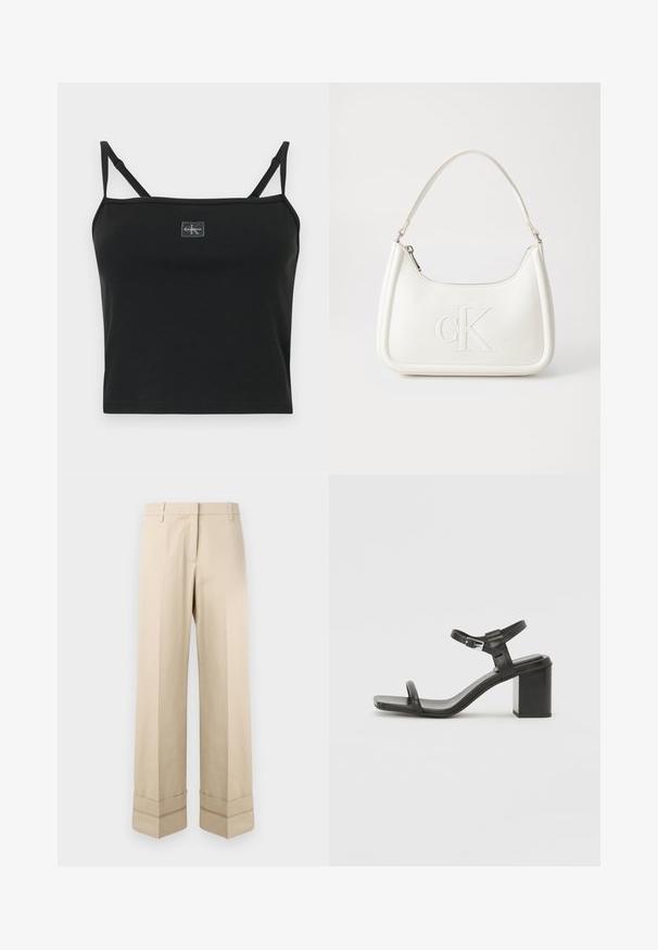 Černý žebrovaný crop top s tenkými ramínky a čtvercovým výstřihem. Na přední straně se nachází malé logo. Materiál je ze směsi bavlny, s přiléhavým střihem.; Beige kalhoty se střihovým rovnou siluetou, s dvojitým manžetovým zakončením a plochým předním designem. Vyrobené z hladké, odolné látky.; Černé kožené sandály na blokovém podpatku s širokým páskem přes prsty a nastavitelným popruhem kolem kotníku, vyznačující se elegantním, minimalistickým designem.; Bílá kožená kabelka s křivkovým tvarem, na přední straně s vyraženým logem "CK" a jediným ramenním popruhem. Zipový uzávěr na vrchu.