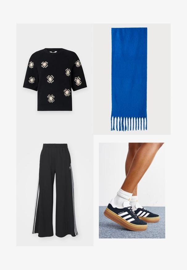 Maglione corto a maniche corte in maglia nera con motivi floreali ricamati in crema uniformemente distribuiti sulla parte anteriore e bordo a coste sul collo e sull'orlo.; Pantaloni in felpa neri a gamba larga con vita elastica, dotati di strisce bianche sui lati e un logo ricamato sulla coscia sinistra.; Sneakers in pelle scamosciata nera con strisce e dettagli bianchi, punta arrotondata, suola in gomma color gomme, abbinate a calzini bianchi a coste alla caviglia.; Sciarpa blu con frange, realizzata in tessuto morbido; presenta un colore uniforme con una superficie testurizzata e frange tagliate in modo uniforme nella parte inferiore.; Borsa a tracolla nera realizzata in materiale sintetico testurizzato. Presenta un design con logo inciso e una tracolla regolabile. Chiusura con zip.