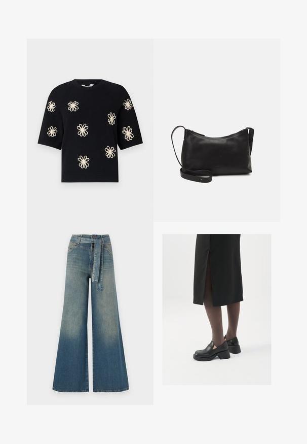 Maglione corto a maniche corte in maglia nera con motivi floreali ricamati in crema uniformemente distribuiti sulla parte anteriore e bordo a coste sul collo e sull'orlo.; Pantaloni in denim a gamba larga con una sfumatura che va dal blu chiaro al blu scuro, vita alta, passanti per cintura e una cintura in tessuto coordinato. Finitura in denim strutturato.; Scarpe in pelle nera con punta arrotondata, tacco spesso a blocco e accenti laterali in elastico, abbinate a collant scuri e una gonna nera con uno spacco.; Borsa a spalla in pelle nera con una texture liscia, forma curva, tracolla regolabile e chiusura con zip. Design minimalista senza ornamenti.