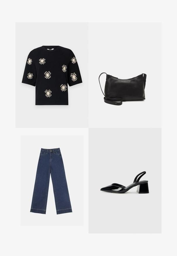 Pull en maille noir à manches courtes avec des motifs de fleurs de couleur crème brodés uniformément sur le devant et uncol en rib et ourlet.; Jeans à jambes larges en denim bleu foncé. Comprend cinq poches, des passants de ceinture et un ourlet brut en bas avec des détails de couture visibles.; Escarpins en cuir verni noir avec bout pointu et talon bloc géométrique. Présente un design élégant et minimaliste ainsi qu'une texture lisse.; Sac à épaule en cuir noir avec une texture lisse, une forme courbée, une bandoulière ajustable et une fermeture éclair. Design minimaliste sans embellissements.