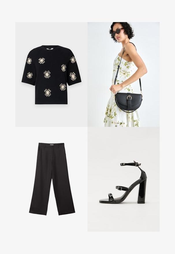 Black knit short-sleeve sweater with embroidered cream-colored flower patterns evenly spaced across the front and ribbed neckline and hem.; Black wide-leg trousers made of smooth fabric, featuring a front zipper and two side pockets, with a tailored fit and minimalistic design.; Black patent heeled sandals with a square toe, ankle straps, and silver buckles. Features a chunky block heel for stability.; Black leather handbag with a curved shape, detachable strap, and gold hardware. The bag features a flap with a buckle detail.