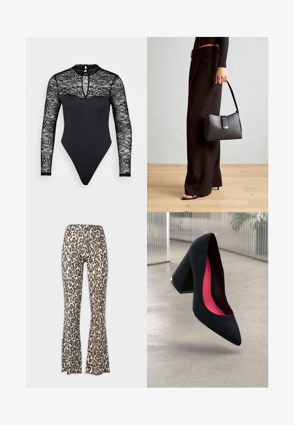 Črn bodi z detajlom čipkastega visokega ovratnika in dolgimi rokavi. Gladko blago pod pasom, izrezano v slogu tangic. Detajl z odprtino na hrbtu.; Hlače z leopardjim potiskom, razširjene na dnu, v kremnih in rjavih odtenkih, z oprijetim pasom in širokim odprtjem. Gladka tekstura, raztegljiv material.; Črna čevlja z visokimi petami, zoženim sprednjim delom in teksturirano zgornjico. Notranjost ima svetlo rožnato podlogo. Kvadratna peta z metalnim poudarkom na podnožju.; Črna torbica z strukturirano obliko, gladko teksturo in kovinskim zaponko. Ujemajo se z širokimi črnimi hlačami in odprtimi sandali na lesenem tleh.