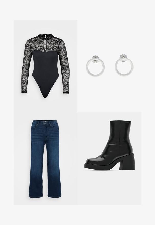 Mustmust kleit, millel on pitsist kõrge kaelus ja pikad varrukad. Sujuv kangas talje all, lõikega stringi stiilis. Võtmeaugu detail seljal.; ONLY Petite ONLMADISON BLUSH WIDE - Wide leg - dark blue denim; Mustad mustad, läikiva viimistlusega, ruudukujulise varbaga ja paksu plokktallaga. Kujundus sisaldab sujuvat siluetti ja minimaalset brändimist.; Hõbedased metallist rõngastooted, millel on harjatud tekstuur, ümmargune disain ja selge tagumine post, tagamaks kindlat kandmist.