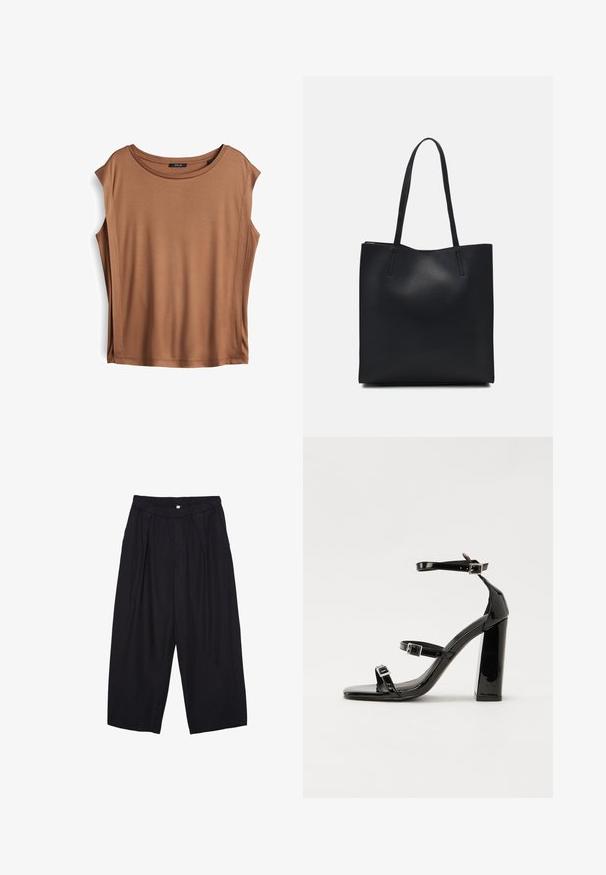 Top senza maniche marrone realizzato in tessuto morbido, con scollatura rotonda e spacco laterale, dal taglio rilassato e design minimalista.; Pantaloni culotte neri in poliestere con una cintura elastica, due pieghe frontali e una silhouette ampia. Nessun motivo visibile o dettagli in metallo.; Sandali con tacco in vernice nera, con punta squadrata, cinturini alla caviglia e fibbie in argento. Presentano un tacco a blocco spesso per maggiore stabilità.; Borsa tote in pelle nera con texture liscia, forma rettangolare e due manici lunghi. Nessun hardware o decorazione visibile.