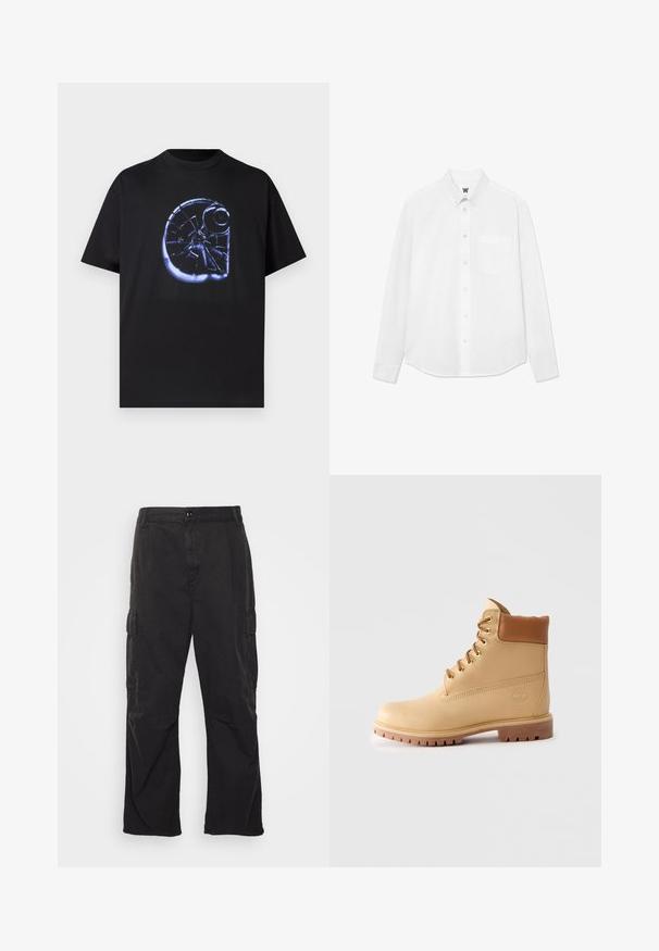 Tricou negru cu un grafic mare care prezintă un model de sticlă spartă în albastru, mâneci scurte, decolteu rotund, realizat din bumbac moale.; Cămașă albă cu mânecă lungă, cu guler, buzunar frontal și textură subtilă. Placa frontală are nasturi și un detaliu mic cu logo.; Pantaloni cargo negri, cu un design drept, având două buzunare laterale, închidere cu buton și un material texturat.; Botine din piele maro deschis, cu guler căptușit, ochiuri aurii, șireți bej și talpă groasă cu profil, pe un fundal simplu deschis.
