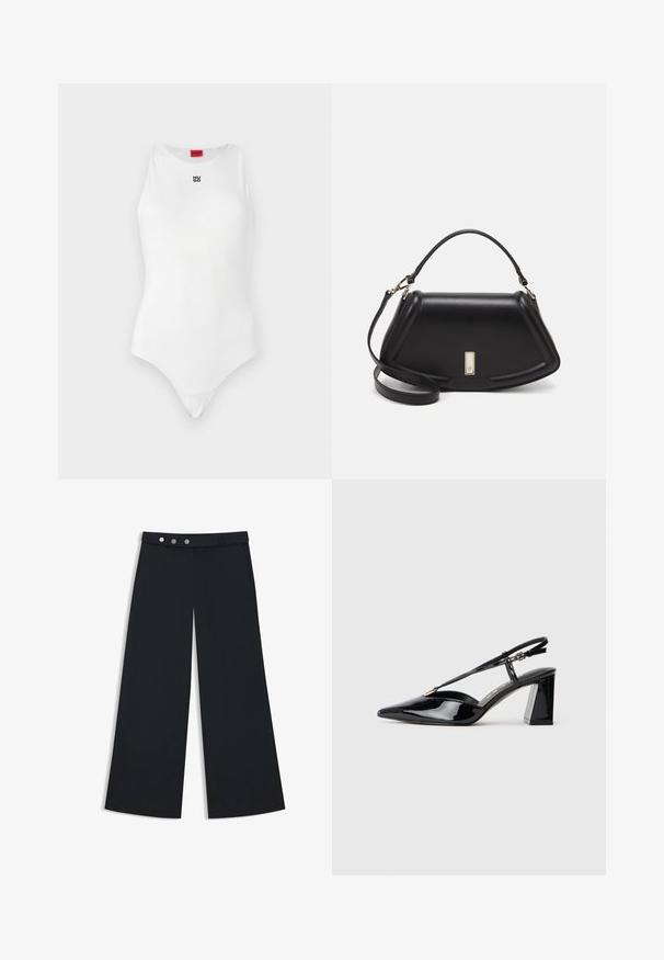 Body bianco con design senza maniche, scollatura rotonda e logo "HUGO" nero minimalista sulla parte anteriore. Tessuto liscio e forma aderente.; Pantaloni neri a gamba larga con una texture liscia, dotati di una vita piatta, chiusura a doppio bottone e tasche laterali.; Scarpe con tacco alto in vernice nera, con punta appuntita, cinturino regolabile e tacco rettangolare chunky.; Borsa a mano in pelle nera con un design strutturato, caratterizzata da una forma corta, manico superiore e accessori in metallo dorato. Inclusa tracolla regolabile.