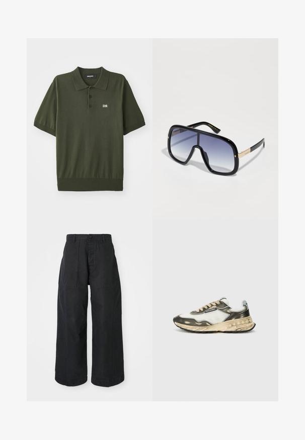 Tume roheline polo särk, mis on valmistatud kudumisest. Särgil on klassikaline krae, kolm nuppu, lühikesed varrukad ja rindkere peal väike "D2" logo.; Mustad laiad mustad püksid, valmistatud kanvasest materjalist, nööbiga kinnitusega, kahe ees oleva taskuga ja lõdva lõikega.; Jalgrattasportlane, millel on valgest riidest ja hallist nahast pealisosa, beežid paelad, must kummist tallad ning kihiline disain koos tekstuursete aksenditega.; Üks suur must päikeseprillid, millel on järkjärguline lilla lääts, läikiv viimistlus ja kuldsed aksessuaarid templis. Ristkülikukujuline raam.