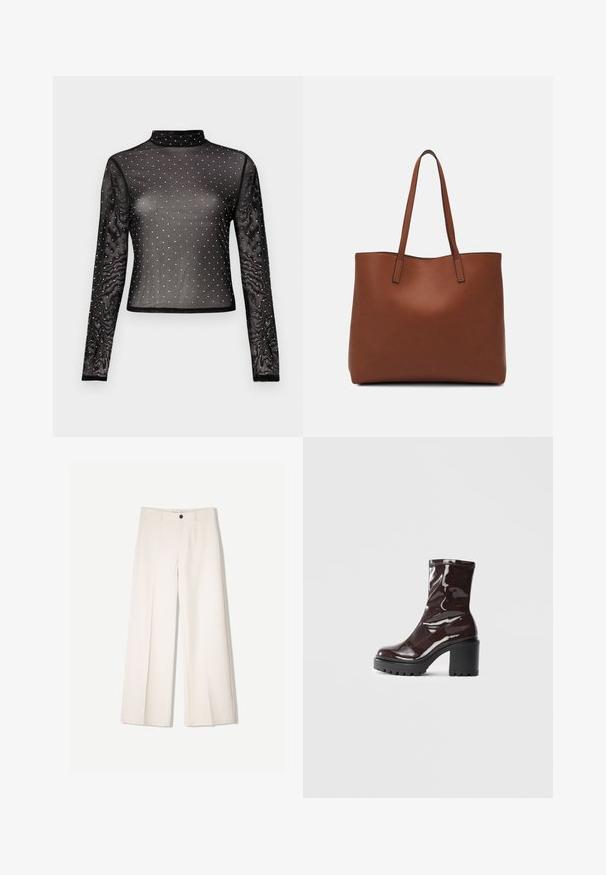 Haut noir à manches longues en tissu transparent avec un col montant et orné de sequins multicolores disposés en motif de points.; Pantalons larges crème avec un design ajusté, comportant deux poches avant et une fermeture à un bouton sur le devant, fabriqués en tissu lisse.; Bottines bordeaux brillantes à talon épais noir, avec une texture lisse et un design simple. Aucune fermeture visible ni motifs.; Sac fourre-tout en cuir marron avec une texture lisse, design à ouverture supérieure et deux poignées pour le porter à l'épaule. Présente des coutures minimales et aucun matériel visible.