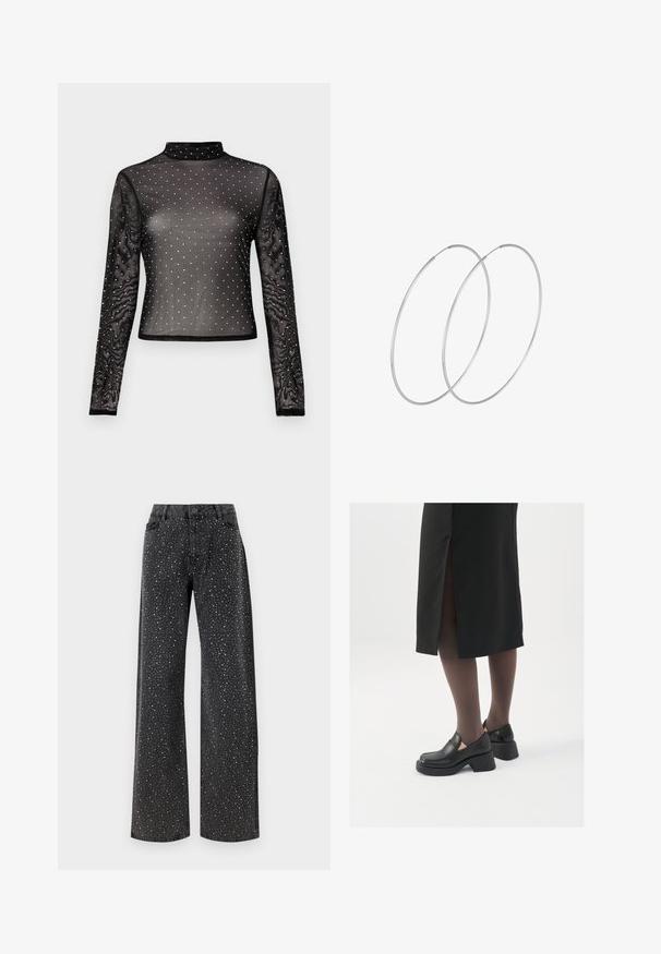 Black long-sleeve top made of sheer fabric with a mock turtleneck and adorned with multicolored sequins in a dotted pattern.; Noisy May NMJANNEL LOOSE - Relaxed fit jeans - black denim; Black leather shoes with a rounded toe, thick block heel, and elastic side accents, paired with dark tights and a black skirt with a slit.; Silver hoop earrings with a minimalist design. Circular shape, smooth texture, and thin profile. Lightweight with a polished finish.