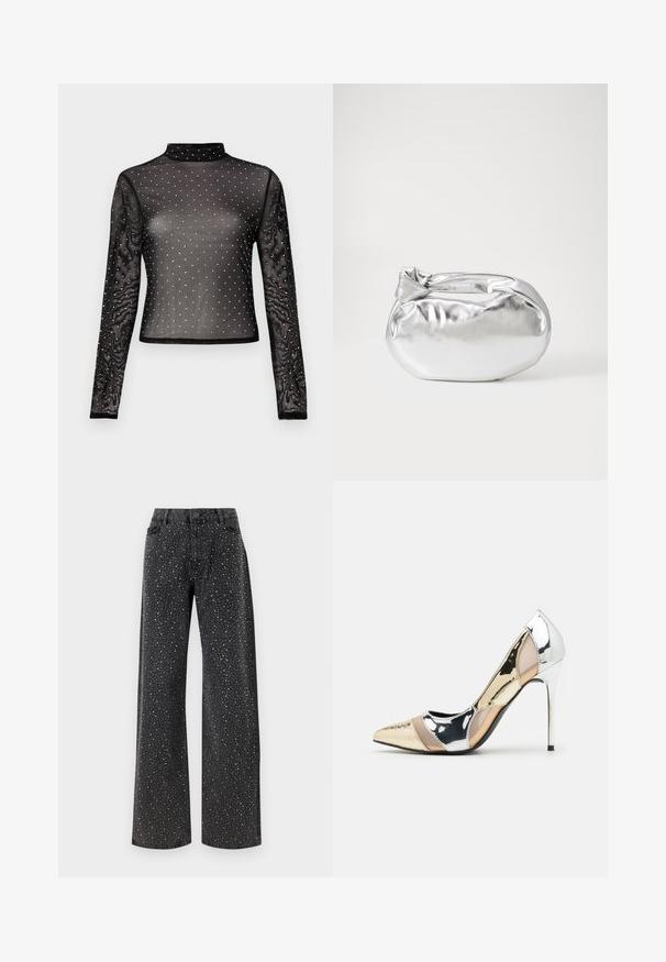 Černý top s dlouhým rukávem z průhledné látky s vysokým stojáčkem a zdobený vícebarevnými flitry v puntíkovaném vzoru.; Noisy May NMJANNEL LOOSE - Džíny Relaxed Fit - black denim; Lodička s špičatou špičkou a kombinací stříbrné, zlaté a tělové barvy. Lesklý povrch s vykrojeným designem, s jehlovým podpatkem.; Stříbrná kovová taška s měkkým, zaobleným tvarem a uzávěrem s uzlem. Vyrobena z hladké umělé kůže.; Stříbrné kruhové náušnice s minimalistickým designem. Kruh, hladký povrch a tenký profil. Lehká konstrukce s lesklým povrchem.