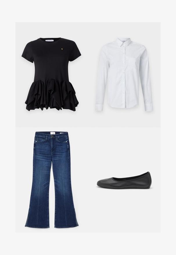 Viktor&Rolf TUCK UP - T-shirt med print - black; Vit långärmad skjorta i bomull. Har en knapp-down front, spetsig krage och en bröstficka på vänster sida.; Mörkblå utsvängda jeans i denim. Har hög midja, framfickor och slitsdetaljer vid fållen. Klassisk femficksdesign.; Svart läderballerinaskor med rund tå, slät yta, minimala söm detaljer och en flexibel sula.
