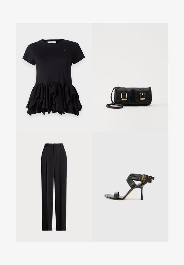 Viktor&Rolf TUCK UP - Trükipildiga T-särk - black; Mustad kohandatud püksid kõrge vöökohtaga, ees plisseeritud, sirge sääre disainiga ja mansetiga hem. Valmistatud sileda kangaga.; Mustad mustand koos ristatud rihmade ja reguleeritava pandlaga. Omab siledat tekstuuri ja kitsenevat stiletto kontsa.; Must küllastamata nahast õlakott, millel on kaks esist nähtavat taskut, kuldsed pandlad, tõmblukuga sulgemine ja peen rihm. Tekstuuriga pind ja kompaktne ristkülikukujuline kuju.