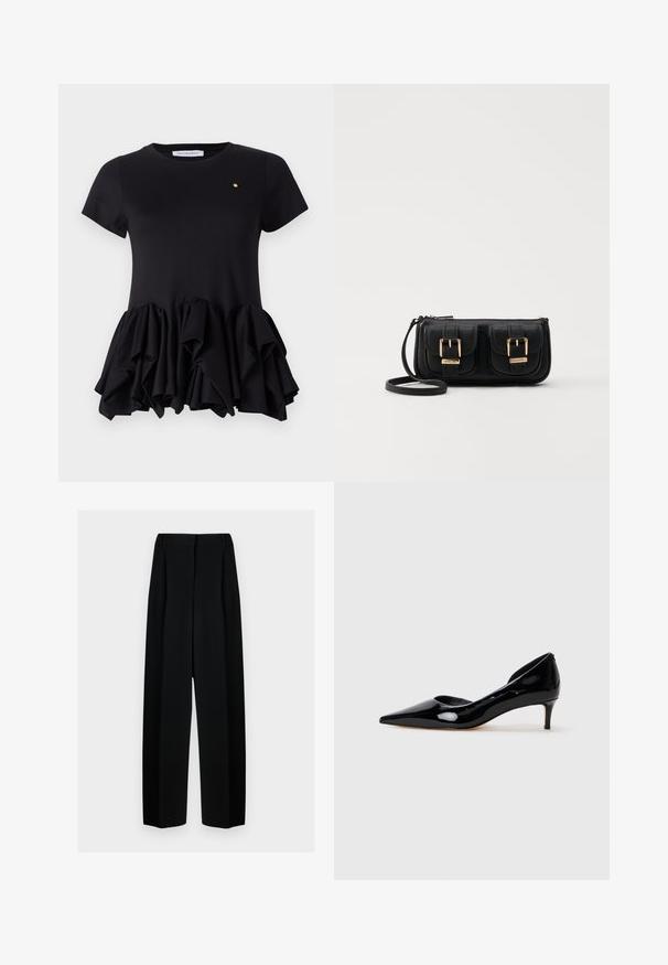 Viktor&Rolf TUCK UP - T-shirt med print - black; Svarta vida byxor med hög midja, med veck och en slät textur. Tyget ser lätt ut och hänger elegant.; Svarta lackläder damskor med spetsig tå och låg klack, visade i profil mot en enkel ljusgrå bakgrund.; Svart läderaxelväska med två framfickor, guldspännen, dragkedjestängning och en smal rem. Texturerad yta och kompakt rektangulär form.