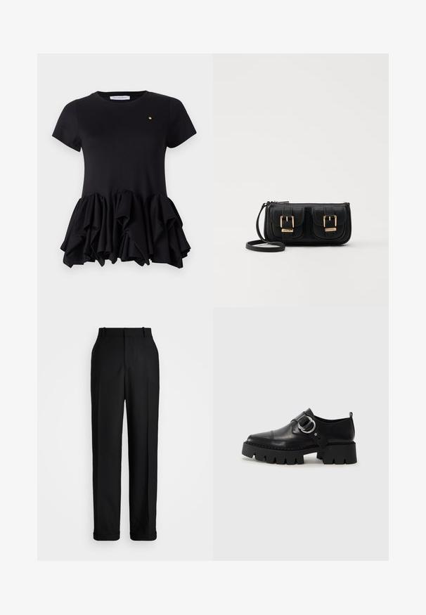 Viktor&Rolf TUCK UP - Marškinėliai su spaudiniu - black; Polo Ralph Lauren HIGH RISE RELAXED STRAIGHT TROUSER - Kelnės - black; Juodos odinės bateliai su masyviu, grioveliuotu padu, su apvaliu sidabro detalės akcentu ir minimaliais siuvimo elementais.; Juodas odinis per petį nešiojamas krepšys su dviem priekiniais kišenėmis, auksiniais sagtimis, užtrauktuko uždarymu ir siauromis petnešomis. Textūruota paviršius ir kompaktiškas stačiakampis formatas.
