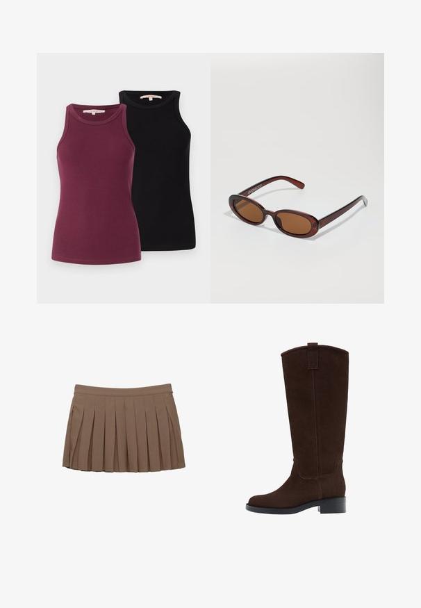 Zwei gerippte Tanktops in Burgunderrot und Schwarz. Sie haben runde Ausschnitte und sind für eine enganliegende Silhouette gestaltet. Glatte Textur.; Brauner gefalteter Minirock mit einem Taillenbund und subtilen Seitenlogo-Details auf einem weißen Hintergrund.; Braune Wildleder-Stiefel bis zum Knie mit runder Fußspitze, dezenten Nähten und einem niedrigen Blockabsatz; verfügen über eine Zuglasche oben für einfaches Anziehen.; Runde, braun getönte Sonnenbrillen mit einem glänzenden burgunderfarbenen Rahmen. Schlanke Bügel mit dezentem Branding. Flaches Linsendesign.; Braune, geflochtene Lederhandtasche mit einer lässigen, dreieckigen Form. Verfügt über einen geflochtenen Griff und einen Reißverschluss an der Oberseite.