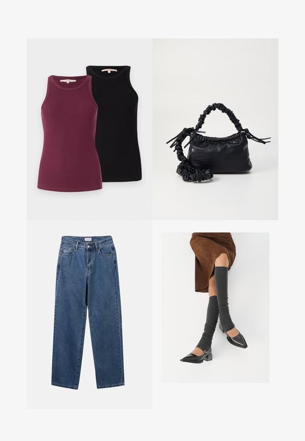 Two ribbed tank tops in burgundy and black. They feature round necklines and are designed for a fitted silhouette. Smooth texture.; Classic blue denim jeans with a straight-leg design, five pockets, and a button closure. Features a medium wash and sturdy texture.; Black patent leather pointed-toe shoes with a block heel and ankle strap, paired with gray ribbed leg warmers and a brown suede skirt.; Black faux leather handbag with a crocodile texture, cinched top, and a scrunched strap. Appears soft and compact in design.