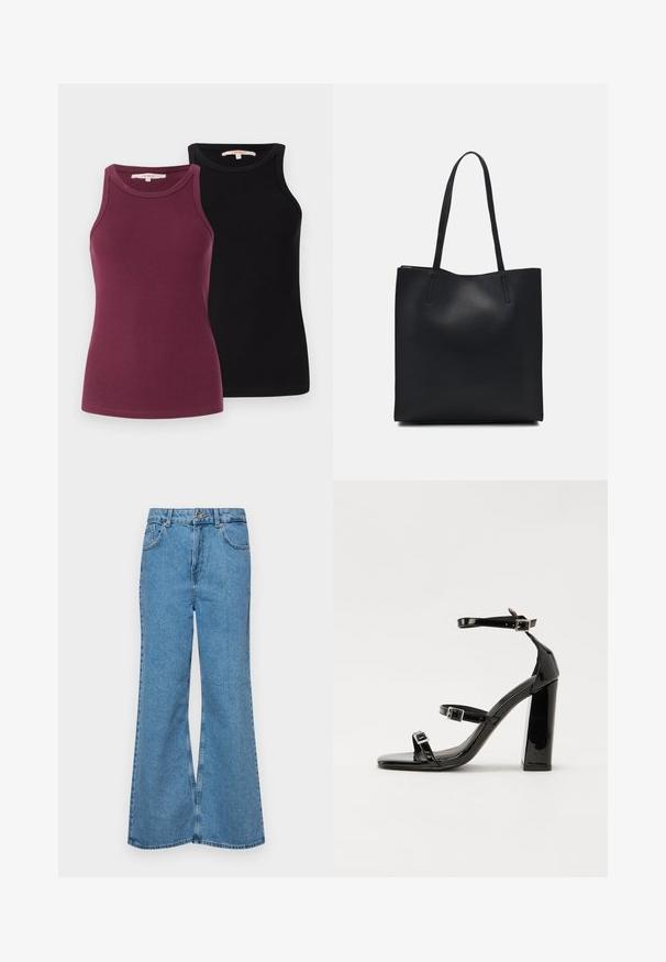 Två ribbade linnen i vinröd och svart. De har rundad halsringning och är designade för en figurnära silhuett. Slät textur.; Ljust blå vida jeans i denim, med hög midja, fem fickor och en enda knappstängning. Mjuk textur med blekt finish.; Svarta lackerade klacksandaler med fyrkantig tå, ankelremmar och silverfärgade spännen. Har en kraftig blockklack för stabilitet.; Svart lädertoffelväska med slät textur, rektangulär form och två långa handtag. Ingen synlig hårdvara eller dekorationer.