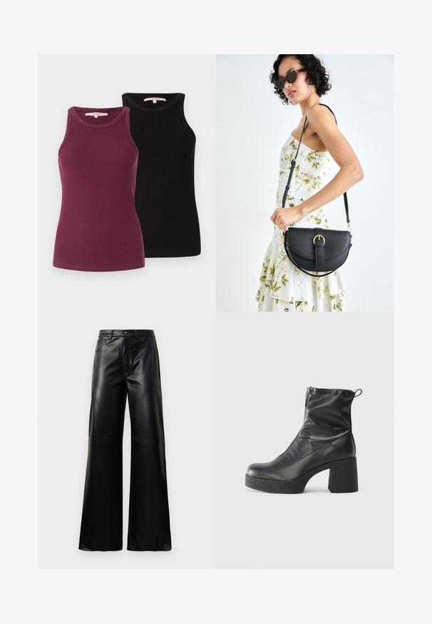 Kaks ribadega särk burgundia ja musta värviga. Neil on ümarad kaelused ja need on kavandatud kitsas silueti saavutamiseks. Sujuv tekstuur.; Mustad talje laiad jalad kunstnahast püksid esipaneeli nööbi ja lukuga, vöödega ja küljetaskutega valge tausta peal.; Mustad mustad ansapüksid, mis on valmistatud siledast nahast, külje zipperiga, paksu tekstuuriga kontsaga ja ümmarguse nina disainiga.; Mustmust mustraha kõverate joontega, eemaldatava rihmaga ja kuldsete detailidega. Kotil on klapp, millel on pandladetail.