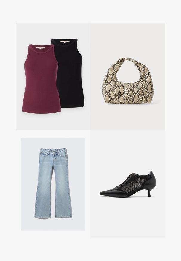 Kaksi ribattu tanktoppi burgundy- ja mustassa värissä. Niissä on pyöreät kaula-aukot ja ne on suunniteltu tiukaksi siluetiksi. Sileä pinta.; Weekday NOVA - Slim fit -farkut - lip blue; Mustat kärjetossut, joissa on verkkopaneeli, matala korko ja nauhanytkytys edessä. Valmistettu nahka- ja verkkokombinaatiosta.; Käärmeennahkakuosiset käsilaukku, jossa on kaareva kahva. Tehty teksturoiduista beigeistä ja ruskeista materiaaleista, joissa on erottuva timanttikuvio.
