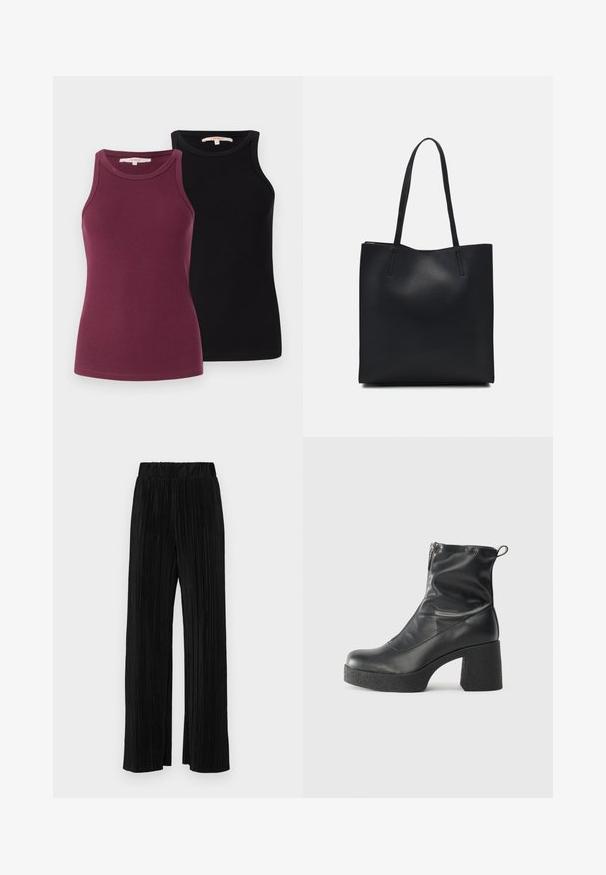 To ribbede toppe i burgunderrød og sort. De har runde halsudskæringer og er designet til en tætsiddende silhuet. Glat tekstur.; Sorte plisserede bukser med elastisk talje. Har brede ben og et glat, tekstureret stof med lodrette striber.; Sorte ankelstøvler lavet af glat læder, med en sidelukning, kraftig struktureret hæl og rundt tådesign.; Sort læder tote taske med glat tekstur, rektangulær form og to lange hanke. Ingen synlig hardware eller udsmykninger.
