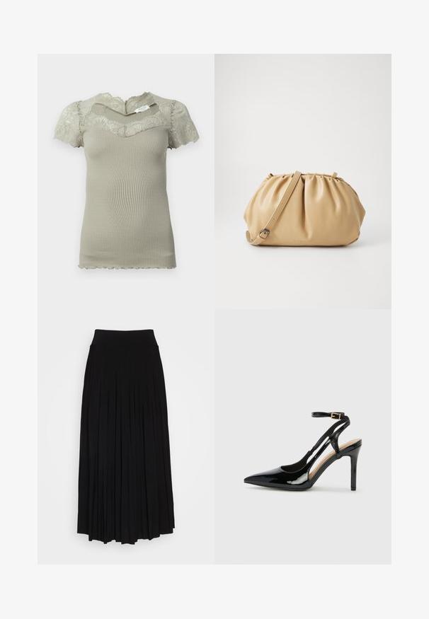 Corto top in maglia beige a costine con dettagli in pizzo sul collo e maniche corte, bordi ondulati su maniche e orlo.; Gonna nera plissettata con vita alta e elastica. Realizzata in tessuto morbido, presenta plissettature verticali per una silhouette fluida.; Scarpa con tacco alto in vernice nera, cinturino alla caviglia regolabile e punta affilata, con lati aperti. Texture liscia.; Borsa a tracolla in pelle color cuoio con design plissettato, tracolla regolabile e forma arrotondata. Branding minimalista sulla superficie frontale.