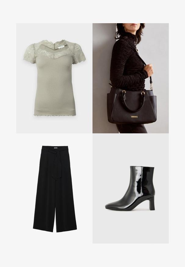 Corto top in maglia beige a costine con dettagli in pizzo sul collo e maniche corte, bordi ondulati su maniche e orlo.; Pantaloni neri a gamba larga caratterizzati da un tessuto testurizzato, una vita elastica e una cintura staccabile per una vestibilità regolabile.; Stivaletto in pelle verniciata nera con punta a punta e tacco a blocco di altezza media. Texture liscia e design minimalista.; Borsa nera con superficie texturizzata, manici superiori doppi e tracolla regolabile. Dotata di hardware color oro e tasche laterali.