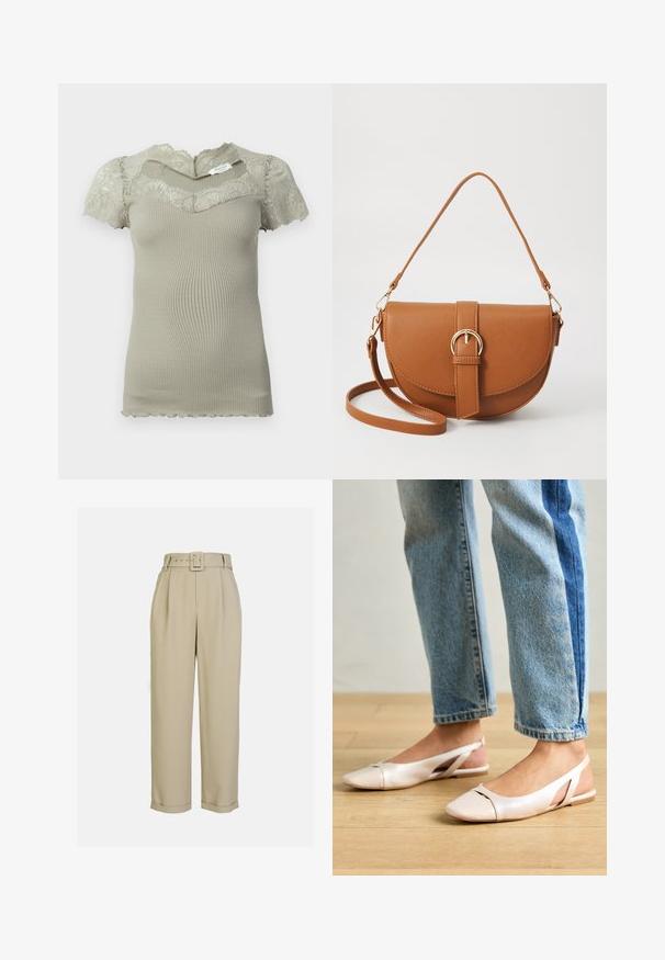 Krátky béžový vrúbkovaný top s čipkovými detailmi na výstrihu a krátkymi rukávmi, s vykrojenými okrajmi na rukávoch a spodnom leme.; Béžové vysoké nohavice s širokým strihom, s plisovaním, zodpovedajúcim pásom s obdĺžnikovou prackou a manžetovými lemami.; Svetloružové slingback baleríny s jemne špicatou špičkou, vyrobené z hladkého materiálu pripomínajúceho kožu. Majú výrezové detaily na stranách a plochý opätok.; Hnedá kožená kabelka cez telo s zakriveným tvarom, zlatými kovovými doplnkami a akcentom s prackou. Obsahuje odnímateľný ramenný popruh.