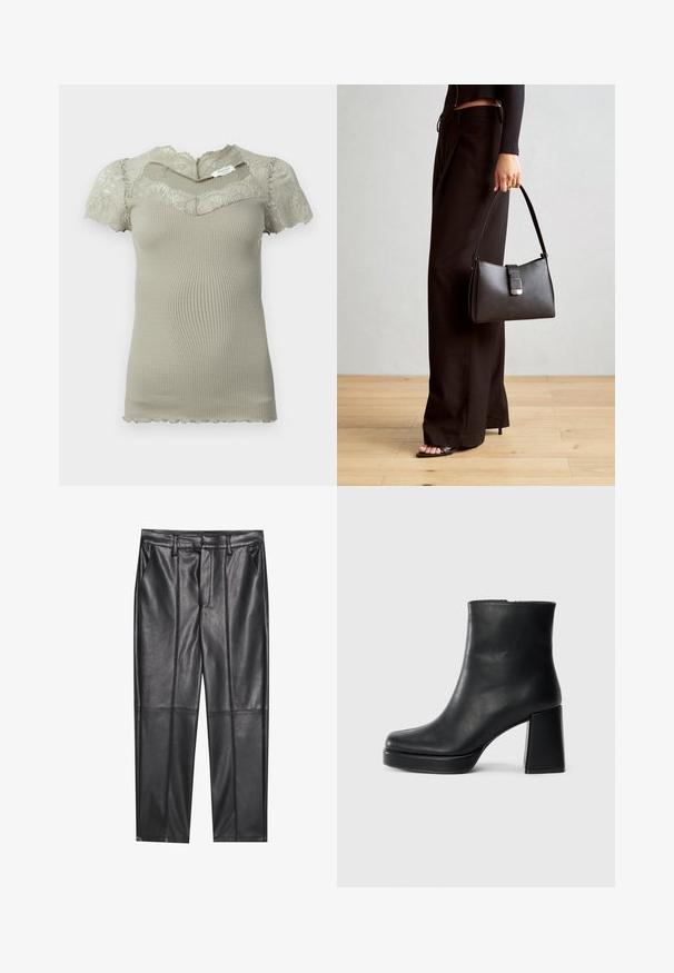 Top scurt din tricot bej cu detalii din dantelă la decolteu și mâneci scurte, cu margini zimțate la mâneci și la tiv.; Pantaloni din piele neagră cu o textură netedă, având o croială dreaptă, două buzunare frontale și detalii vizibile ale cusăturilor.; Botină din piele neagră, cu toc pătrat și talpă platformă, văzută din lateral pe un fundal alb simplu.; Genți negre cu o formă structurată, textură netedă și un închizător metalic. Asortată cu pantaloni negri largi și sandale cu vârf deschis pe un podea din lemn.