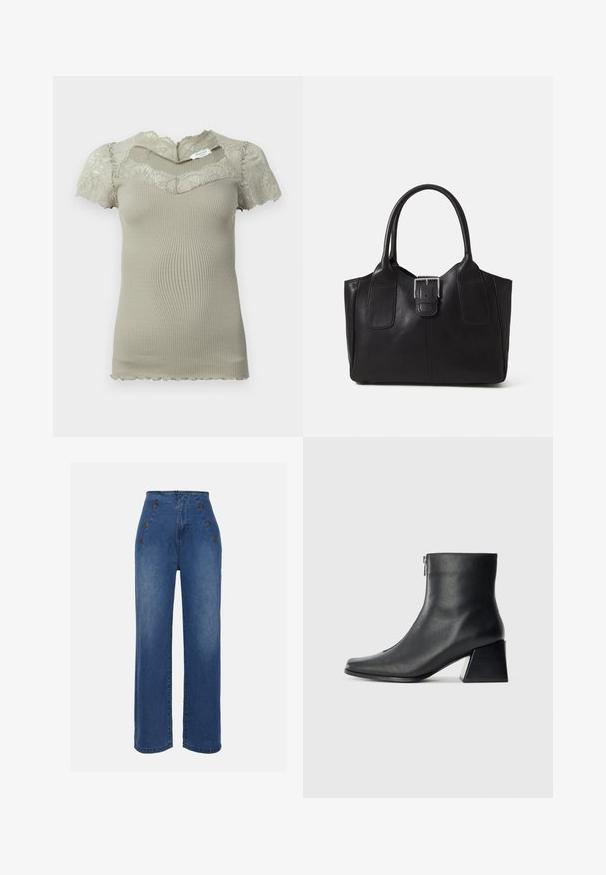 Kratka bež boja pletena majica sa čipkastim detaljima na izrezu i kratkim rukavima, valovitim rubovima na rukavima i donjem dijelu.; Traperice visokog struka u srednje plavoj boji. Imaju detalje s prednjim dugmadi i široki kroj. Tkanina ima glatku teksturu s blagim izblijedjenjem.; Crne kožne gležnjače sa četvrtastim vrhom, bočnim patentnim zatvaračem i blok petom na jednostavnoj svijetloj pozadini.; Crna kožna torba za nošenje s glatkom teksturom, strukturiranim oblikom, dvije ručke i istaknutim srebrnim kopčanjem na prednjoj strani.