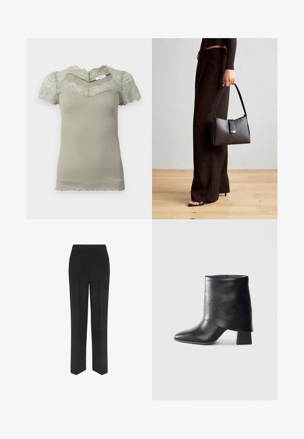 Kurzes beiges Rippenstricktop mit Spitzenverzierungen am Ausschnitt und kurzen Ärmeln, mit gewellten Kanten an Ärmeln und Saum.; Schwarze Hose mit geradem Schnitt, versehen mit einem einfachen Bund und ohne sichtbare Taschen, präsentiert vor einem weißen Hintergrund.; Schwarze Lederstiefelette mit spitzer Zehenform, glatter Oberfläche und strukturiertem Blockabsatz. Mit einem hohen, gefalteten Schaftdesign.; Schwarze Handtasche mit strukturierter Form, glatter Textur und einem metallischen Verschluss. Kombiniert mit weiten schwarzen Hosen und offenen Sandalen auf einem Holzboden.