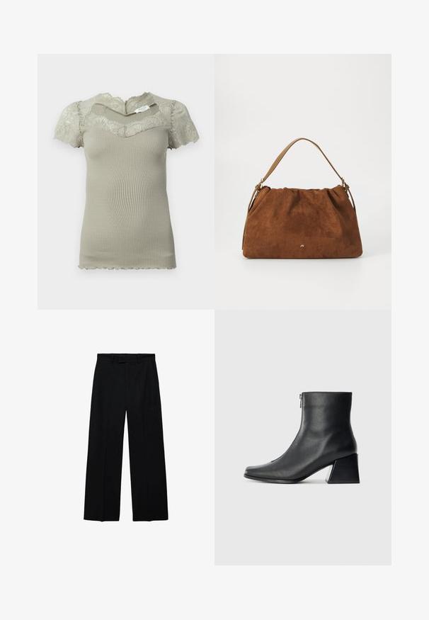 Kurzes beiges Rippenstricktop mit Spitzenverzierungen am Ausschnitt und kurzen Ärmeln, mit gewellten Kanten an Ärmeln und Saum.; Schwarze hochtaillierte Weitbeinhosen mit Gürtelschlaufen und seitlichen Taschen, ausgestattet mit einem Reißverschluss und Knopfverschluss vorne.; Schwarze Lederstiefelette mit quadrater Zehenform, seitlichem Reißverschluss und Blockabsatz vor einem schlichten hellen Hintergrund.; Braune Wildlederhandtasche mit einem gerafften Design, ausgestattet mit einem einzelnen hellbraunen Ledertragegurt und einem subtilen goldenen Logo-Detail auf der Vorderseite.