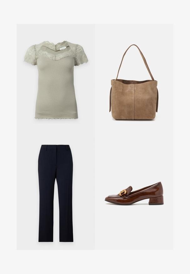 Trumpas smėlio spalvos raiškių mezgimo viršus su nėriniu apykakle ir trumpomis rankovėmis, banguoti kraštai rankovėse ir apatinėje dalyje.; Tamsiai mėlynos pritaikytos kelnės tiesiu kirpimu, pagamintos iš lygios medžiagos. Yra diržo kilpos, priekiniai kišeniai ir švaraus juosmens diržo dizainas.; Rudos odinės loafer'iai su blizgiu paviršiumi, dėlionis auksinis užsegimas priekyje ir žemas blokinis kulnas. Klasikinis dizainas.; Ruda suedinė rankinė su švelnia tekstūra, atvira viršūne ir viena petneša. Pasižymi lygiu paviršiumi ir minimaliais akcentais.