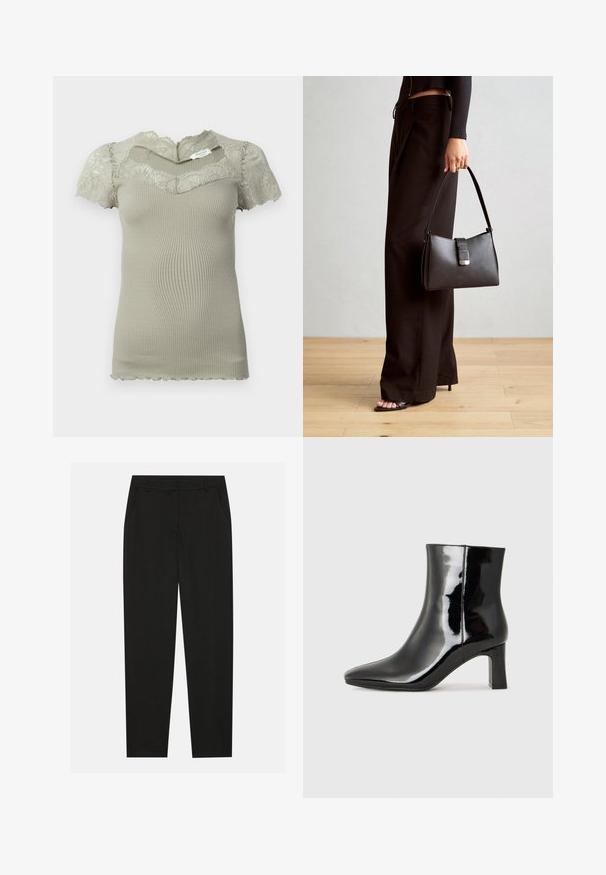 Kurzes beiges Rippenstricktop mit Spitzenverzierungen am Ausschnitt und kurzen Ärmeln, mit gewellten Kanten an Ärmeln und Saum.; Schwarze Hosen mit taillierter Passform, ausgestattet mit seitlichen Taschen und geradem Bein. Hergestellt aus glattem, leichtem Stoff mit einem eleganten Finish.; Schwarzer Lackleder-Stiefelette mit spitzer Zehe und einem mittelhohen Blockabsatz. Glatte Textur und minimalistisches Design.; Schwarze Handtasche mit strukturierter Form, glatter Textur und einem metallischen Verschluss. Kombiniert mit weiten schwarzen Hosen und offenen Sandalen auf einem Holzboden.