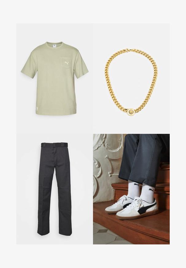 Camiseta de color verde claro con textura, de manga corta, con cuello redondo, bolsillo frontal y un pequeño logo bordado en el pecho. Lavable a máquina.; Pantalones negros de tela duradera, con un diseño de pierna recta, una cinturilla con trabillas para cinturón y costuras para mayor textura.; Zapatillas Puma en gamuza blanca y negra, con una suela de goma marrón. Combinadas con calcetines blancos que muestran un logo negro, llevados con pantalones oscuros.; Collar de cadena de oro con grandes eslabones entrelazados, que presenta un detalle de medallón circular en el centro con un emblema en relieve.