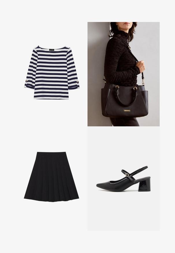 Marineblå og hvide stribede langærmede top med bådudskæring og guldknapdetaljer på opsmøgede ærmer. Blødt stof, afslappet pasform.; Sort plisseret nederdel lavet af struktureret stof med en tætsiddende talje. Faldende til knæ længde og har en glat, ren silhuet.; Sorte patentlæder slingback hæle med spids tå, rund udskæring og blokhæl. Har en guldtonet spændeaccents.; Sort håndtaske med struktureret overflade, dobbelt topbærere og justerbar skulderrem. Udstyret med guldfarvet metalhardware og sidelommer.