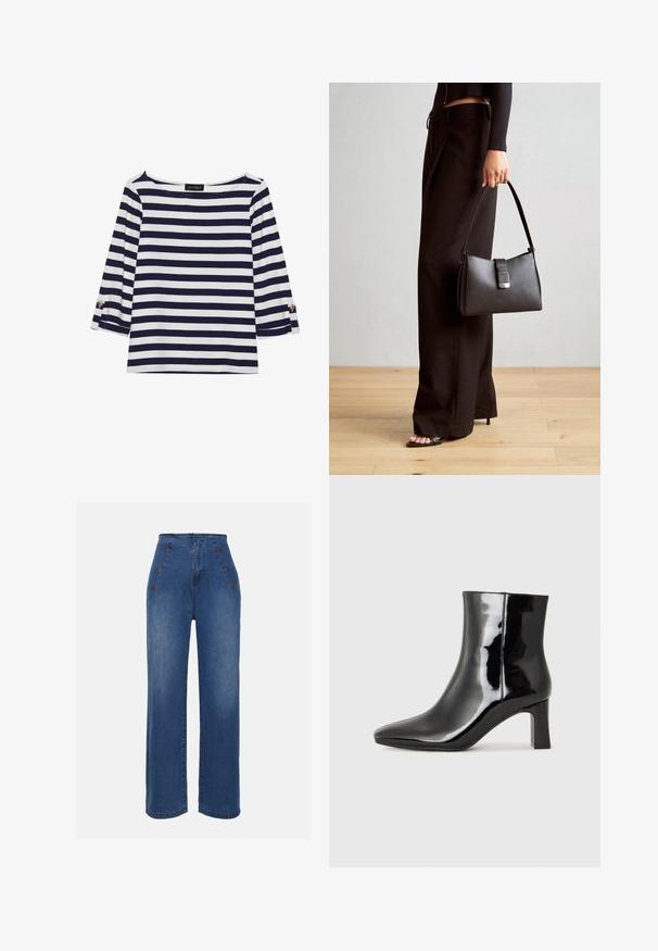 Tumesiniste ja valgete triipudega pikkade varrukatega topp, millel on paadi kaelus ja kuldsete nööpide aktsendid üleskeeratud varrukatel. Pehme kangas, mugav istuvus.; Keskmise sinise värviga kõrge vöökohaga teksad. Omavad esipoolsete nööbiefekte ja laia jala disaini. Kanga tekstuur on sile ja kerge kulumisega.; Must-sinine nahkjalats musta läikiva viimistlusega, millel on terav nina ja keskmise kõrgusega plokk konts. Sile tekstuur ja minimalistik disain.; Must musta kott, millel on struktureeritud kuju, sile tekstuur ja metallist klamber. Kombineeritud laiate mustade pükstega ja avatud varvaste sandaalidega puidust põrandal.