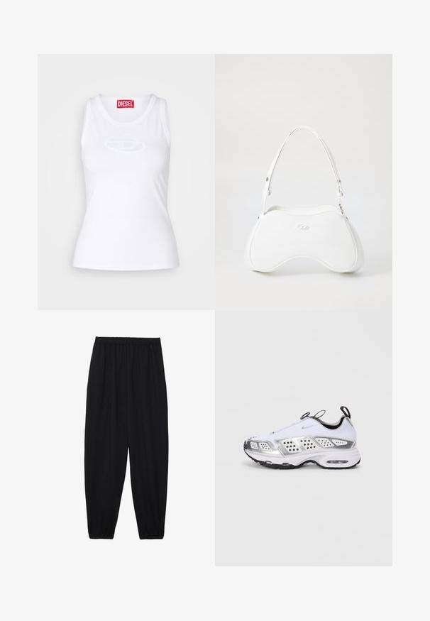 Débardeur blanc en tissu doux avec un col rond, une coupe ajustée et un logo Diesel en relief au centre.; Pantalons noirs légers avec une taille élastique et des chevilles froncées. Le tissu est lisse et présente un design décontracté et fuselé.; Chaussure de sport blanche avec des accents argentés, tige en maille et synthétique, amorti à air, perforations pour la respirabilité et semelle extérieure en caoutchouc.; Sac à main blanc avec une surface lisse et brillante, forme courbée et une seule bandoulière ajustable. Il présente un logo embossé à l'avant.