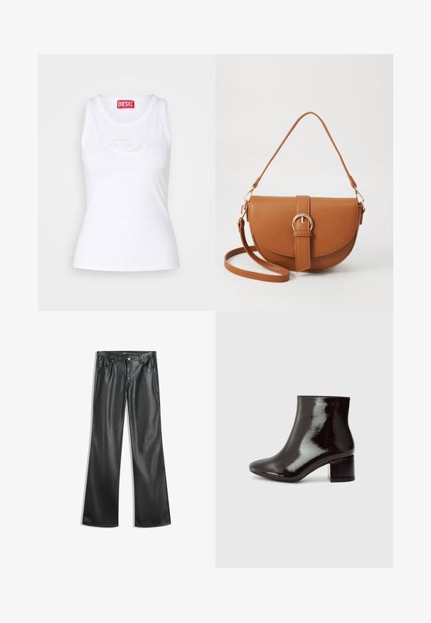 Witte tanktop van zachte stof met een ronde halslijn, een getailleerde pasvorm en een reliëf Diesel-logo in het midden.; Zwarte nep leren flared broek met een gladde textuur, vijf zakken, ritssluiting aan de voorkant en contrasterende stiksels.; Zwarte gepatineerde leren enkelboots met een spitse neus en een chunky hak. Gladde textuur met een subtiele glans en strakke lijnen, minimalistisch ontwerp.; Bruine leren schoudertas met een gebogen vorm, gouden hardware en een gespaccent. Bevat een afneembare schouderriem.