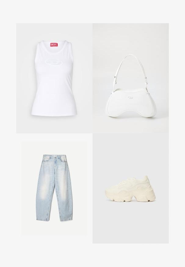 Puha anyagból készült fehér ujjatlan póló, kerek nyakkivágással, testhez simuló fazonnal, középen domború Diesel logóval.; Világoskék farmernadrág, laza szabással, elhasználódott hatással, két elülső zsebbel és gombos zárással a derékrészen.; Tömbös fehér sneakers, amely texturált hálóból és szintetikus anyagokból készült, vastag talppal és bonyolult mintázattal az oldalakon.; Fehér kézitáska sima, fényes felülettel, ívelt formával és egy állítható pánttal. Előoldalán domború logó található.