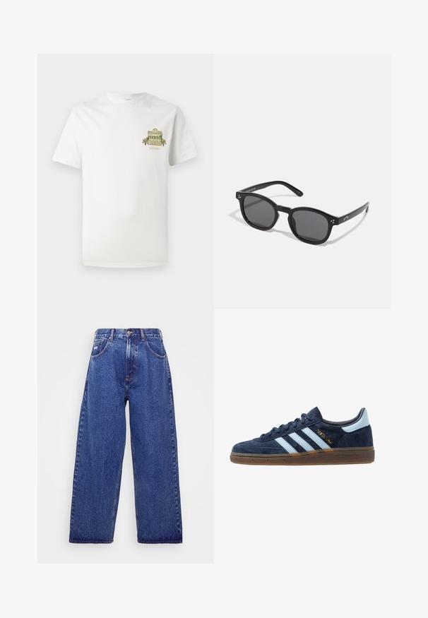 Biely bavlnený tričko s malou vyšitou ikonkou budovy s palmami. Krátke rukávy a okrúhly výstrih.; Džíny s širokými nohavicami v modrej denimovej farbe, s vysokým pásom a piatimi vreckami, zapínaním na gombík a jemným vyblednutím pre dodanie textúry.; Námornícky modré semišové tenisky Adidas s svetlomodrými pruhmi, gumenou podrážkou, svetlomodrou pätou a zlatým označením "Spezial" po boku.; Čierne oválne slnečné okuliare s tmavými sklami, hrubými rámami a striebornými bodovými detailmi na stranách. Hladký plastový materiál, moderný dizajn.