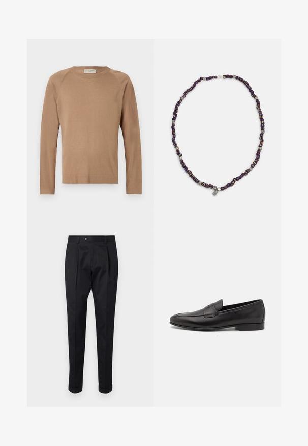 Suéter de malha castanho claro com mangas longas, gola redonda e costuras raglan. Textura suave e design simples. Sem adornos e versátil.; Calças pretas feitas de um tecido suave, com um vinco na frente, fechamento com botão e punhos dobrados no tornozelo.; Sapatilha masculina em couro preto, com salto baixo e um design clássico com tira de moeda, apresentada em perfil lateral sobre um fundo branco.; Colar de contas multicoloridas com contas azul escuro, vermelho e amarelo, intercaladas com acentos prateados e um pingente pendurado.