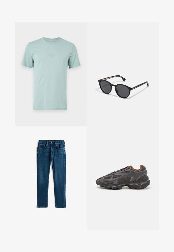 Light blue cotton T-shirt with short sleeves, crew neck, and embossed logo on the front. Smooth texture, casual fit.; Dark blue denim jeans, straight leg design, five-pocket style, with subtle whiskering and contrast stitching, metallic button and zipper closure.; Lacoste sneakers in dark gray with mesh and synthetic material, featuring a textured sole and brown accents on the collar and branding.; BOSS Sunglasses - black