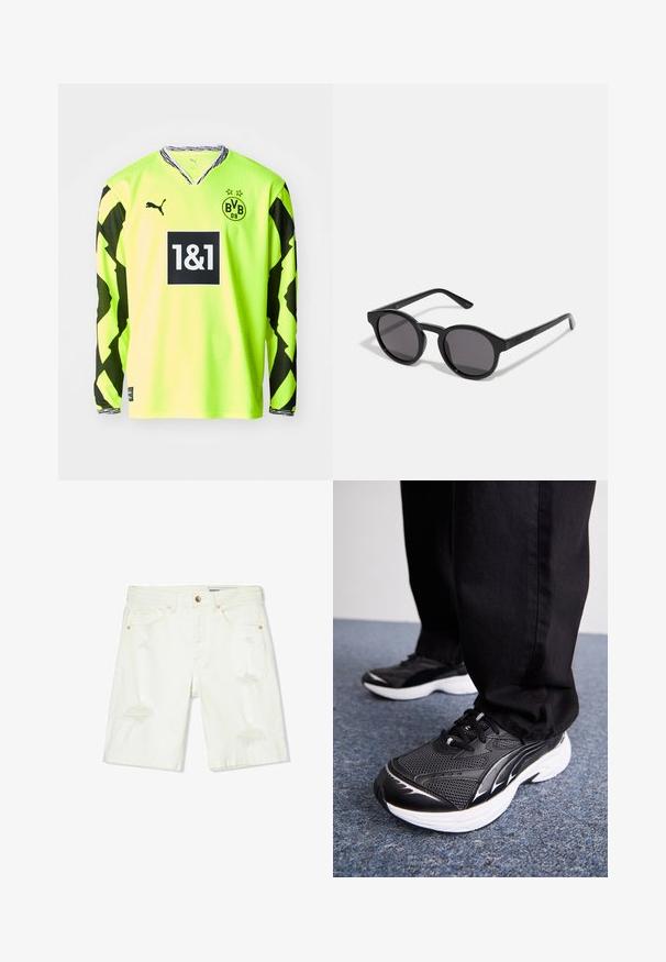 Pitkähihainen neonkelttainen jalkapallopaita, jossa on mustia geometrisia kuvioita hihoissa. Paidassa on V-pääntie, brodeerattu logo ja sponsorin brändäys.; Valkoiset farkkushortsit, joissa on keski- ja korkea vyötärö, kulutettu pinta, viisi taskua ja kuparinväriset yksityiskohdat. Sileä materiaali ja rento istuvuus.; Musta urheilukengät, joissa on verkkokangas, valkoinen pohja ja mustia yksityiskohtia. Pohjassa on rakenne. Käytetään mustien housujen kanssa sinisellä matolla.; Mustat aurinkolasit, joissa on pyöreä, hieman aaltoileva kehys, tummat linssit ja suorat mustat varret. Sileä, kiiltävä pinta ilman näkyviä kuvioita.