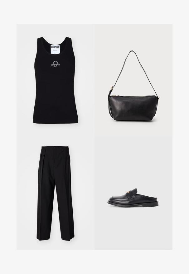 Débardeur noir à côtes avec un col rond, présentant un design de logo brodé blanc au centre. Confectionné en tissu doux et extensible.; Pantalons plissés noirs avec un design droit et large. Fabriqués en tissu lisse, avec une fermeture à bouton et des passants de ceinture.; Chaussure noire en cuir à enfiler avec un bout rond, un petit talon et des détails en tissage sur le dessus. Elle présente un style minimaliste et une texture lisse.; Sac en cuir noir avec une longue sangle réglable unique et une fermeture éclair dorée sur le dessus, présenté sur un fond uni.