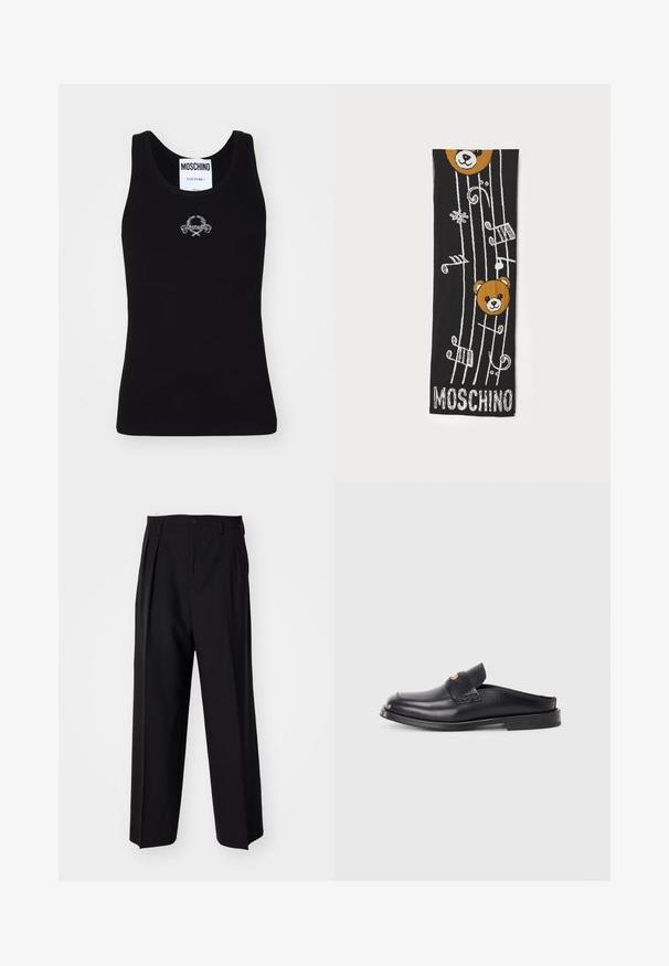 Black ribbed tank top with a crew neckline, featuring a white embroidered logo design in the center. Made from a soft, stretchy fabric.; Black pleated trousers with a straight, wide-leg design. Made from smooth fabric, featuring a button closure and belt loops.; Black leather slip-on shoe with a rounded toe, low heel, and woven design detail on the upper. Features minimalistic styling and smooth texture.; Black knitted scarf featuring two brown bear heads, musical notes, and “MOSCHINO” text in white at the bottom. Soft texture with detailed design.