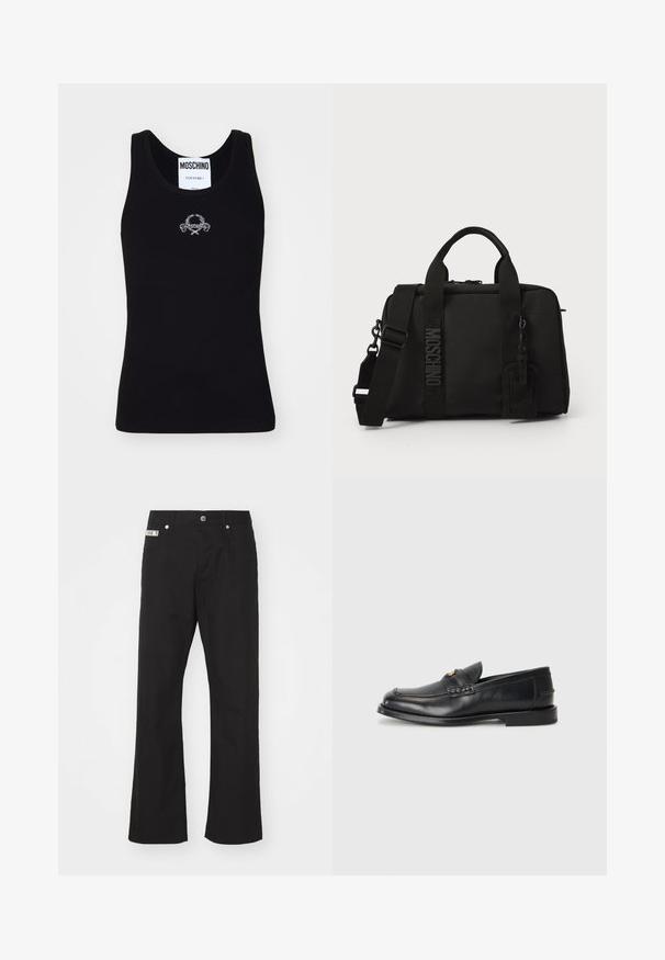 Černá žebrovaná tílko s kulatým výstřihem, s bílým vyšitým logem uprostřed. Vyrobeno z měkké, elastické látky.; Černé bavlněné kalhoty s rovnými nohavicemi, s předním zapínáním na knoflík, dvěma bočními kapsami a malou značkovou nášivkou na pásku.; Černé kožené loafers mají zaoblenou špičku, šité detaily a malý zlatý akcent na přední straně. Podešev je plochá a nenápadná.; Černá textilní taška s dvojitými uchy a odnímatelným popruhem na rameno. Disponuje embosovaným logem a koženou visačkou. Hladká textura, obdélníkový tvar.