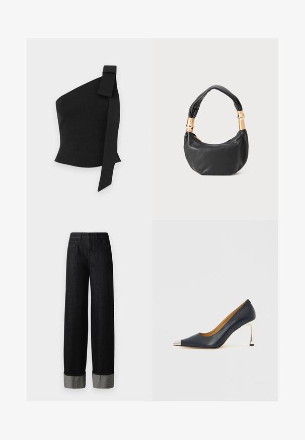 Top preto assimétrico feito de tecido texturizado; possui um detalhe de laço no ombro esquerdo e um design ajustado.; Calças largas pretas de denim com um tom escuro, apresentando bainhas cinzas com punho e um design de cinco bolsos. Cintura larga com fecho de botão.; Sapato elegante de salto alto em couro azul marinho com bico fino, apresentando uma ponta metálica prateada e um salto stiletto prateado brilhante.; Mala de mão em couro preto com forma redonda, textura suave e alça com nó, apresentando detalhes em metal dourado. Fecho em zíper.
