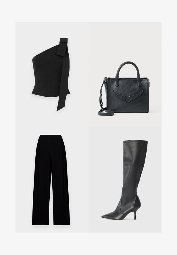 Asimetrična črna majica iz teksturiranega materiala; ima zanko detajl na levem rami in prilegajočo zasnovo.; Široke črne hlače z visokim pasom, ki se ponašajo z gladko teksturo in čistimi linijami. Brez vidnih zapenjal ali vzorcev.; Črne usnjene škornje do kolen s koničastim nosom in ozkim stiletto peto. Gladka tekstura z oblikovanim dizajnom in šivi na zgornjem robu.; Črna usnjena torbica z dodatkom v obliki kril. Ima dve zaobljeni ročki in odstranljiv ramenski trak. Teksturirana površina. Kompaktna oblika.
