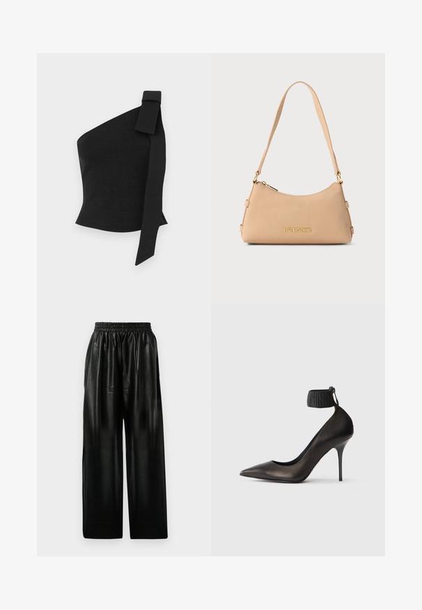 Asimetriška juoda palaidinė, pagaminta iš struktūruoto audinio; turi kaspiną kairiajame petyje ir prigludusį dizainą.; Juodos odinės plačios kelnės su elastinga juosmeniu, turinčios dvi šonines kišenes ir lygią, blizgią tekstūrą.; Juodas aukštakulnis batelis su smailiu kojų pirštu, pagamintas iš lygaus odos. Yra kulkšnies dirželis su įspaustu logotipu ir plonas stiletto kulnas.; Bežinė odinė rankinė su auksine užtrauktuku ir auksiniu užrašu "LOVE MOSCHINO", turinti vieną petinę dirželį ir išlenktą viršutinį kraštą.